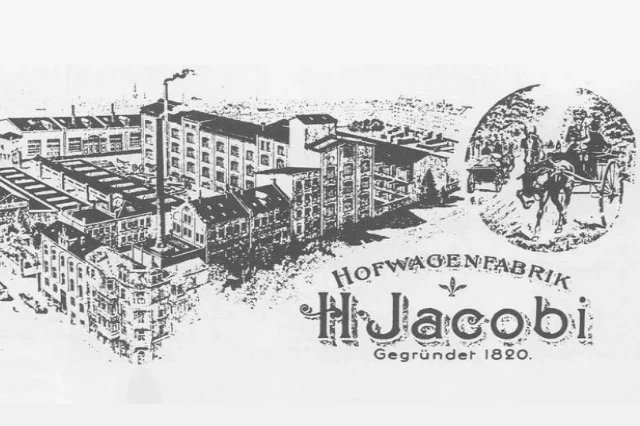 Eine frühe Werbe-Illustration der Hofwagenfabrik H.Jacobi, auf welcher der Hauptstandort in der Falkenstraße 16 aus dem 18. Jahrhundert zu sehen ist.